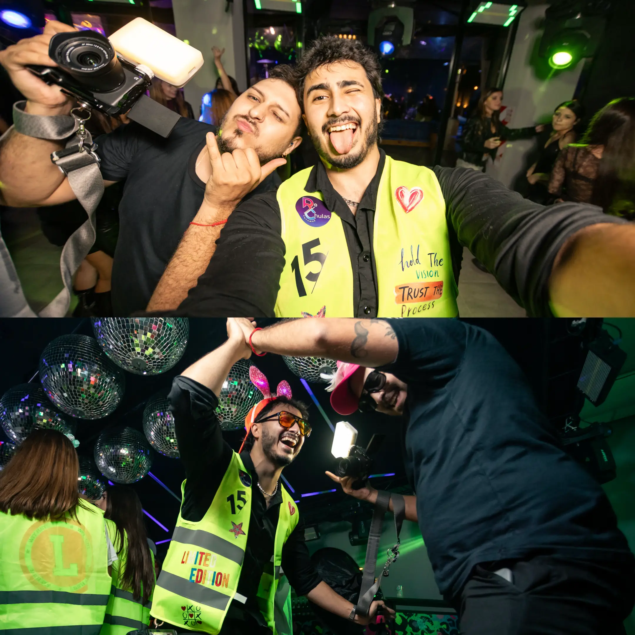 Integrantes del equipo SnapVision fotografiando una fiesta